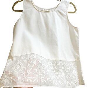 Whitewash 100% Cotton Pique Tank Top with Sheer Embroidered Hem On Front Sz M
